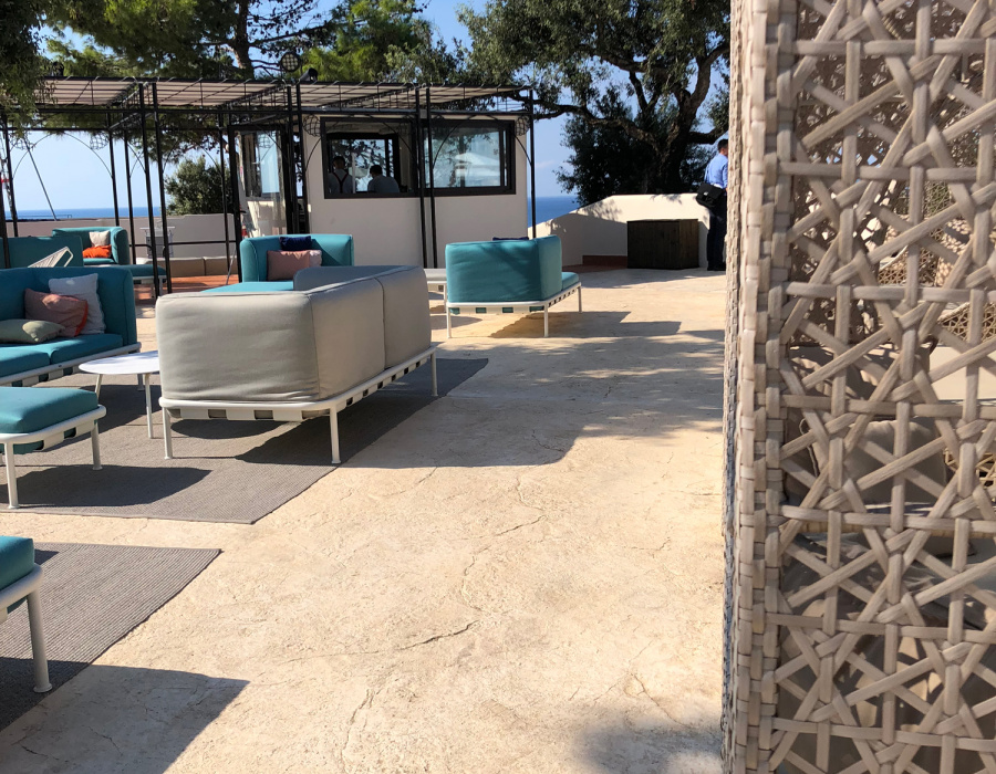 Plam Stampable, stamped concrete floor champagne color, cool white  shades. ClubMed. Cefalù, Italy